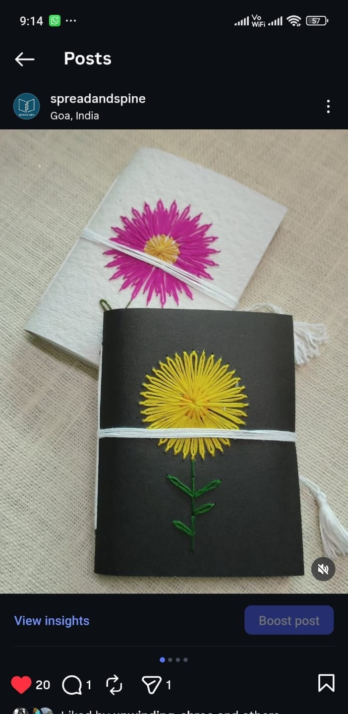 Buttonhole-stitched A5 journal with olive cover and hand-embroidered flower