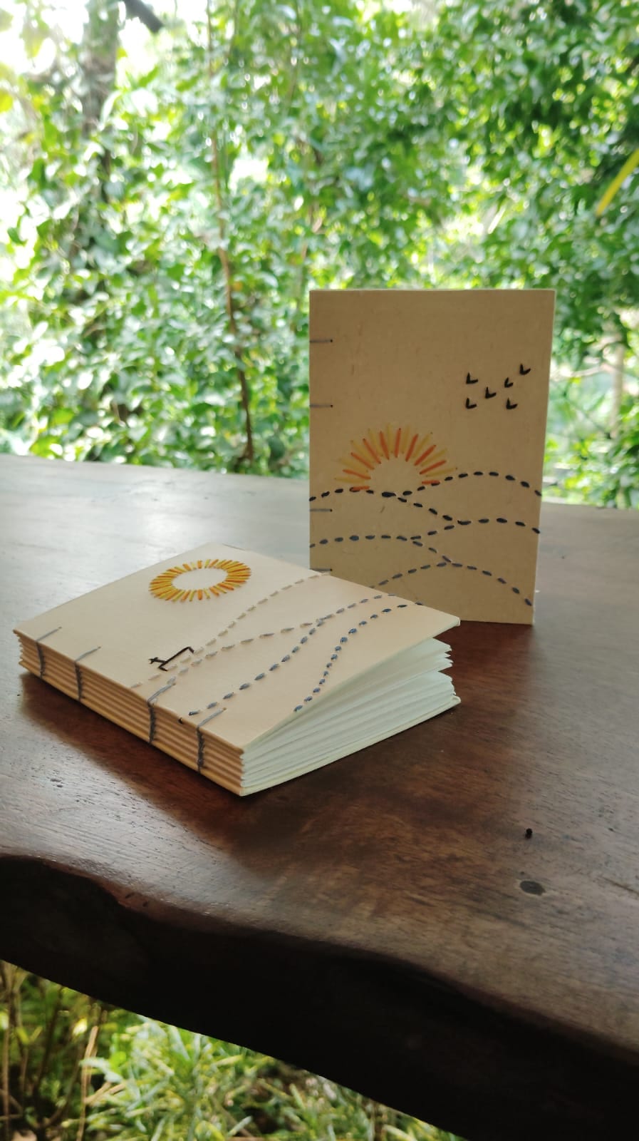 A4 Coptic sketchbook with handloom-cotton cover and embroidered horizon motif